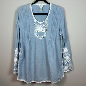 Tasha Polizzi 100% Cotton Blue Floral Embroidered Lace Boho Peasant Top Womens M